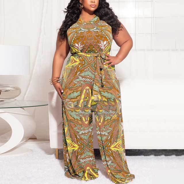 Plus Size Belted Printed Jumpsuit