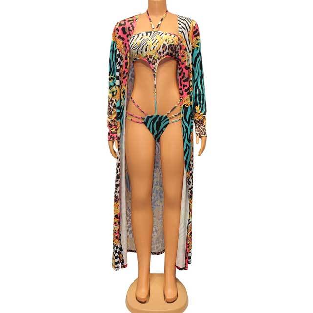 Printed Halter One Piece Swimwear With Cover-Ups