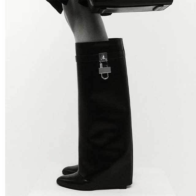 Shark Lock Wide-fit Leather Knee-high Boots