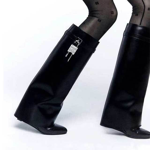 Shark Lock Wide-fit Leather Knee-high Boots