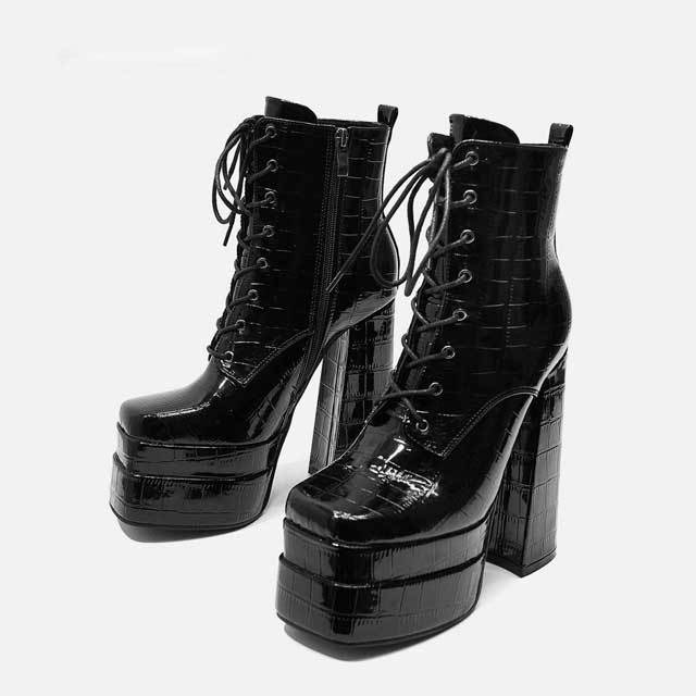 Crocodile Leather High Heeled Lace-Up Platform Boots