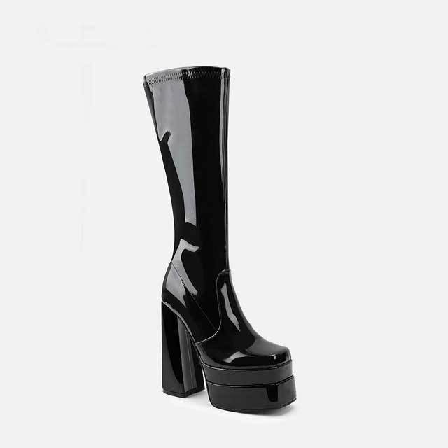 Zipper Leather Chunky Heeled Platform Boots