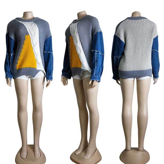 Denim Spliced Sweater Top