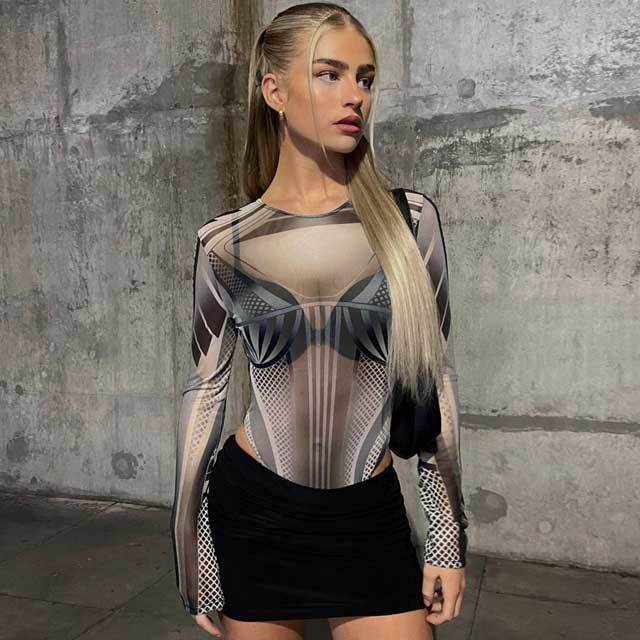 Printed Mesh Long Sleeve Bodysuit