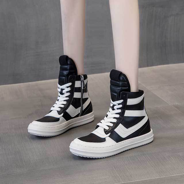 Side Zipper Lace-Up Leather Sneakers