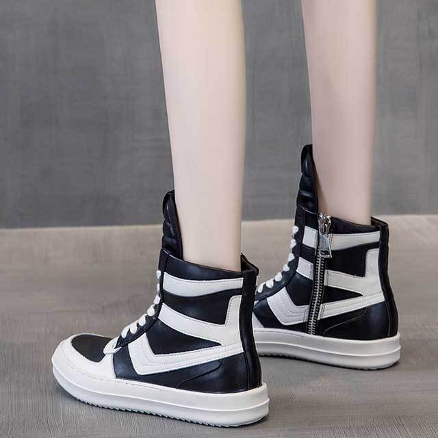 Side Zipper Lace-Up Leather Sneakers