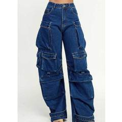 Multi Pockets High Waist Cargo Jeans