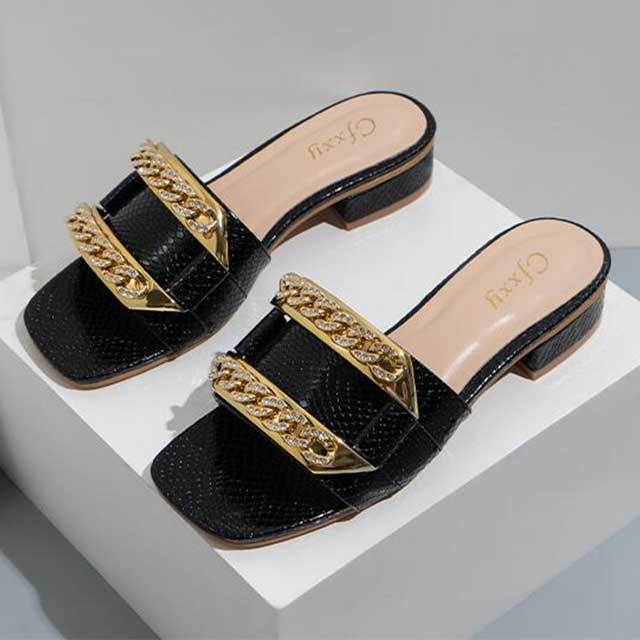 Snake Skin Printed Open Toe Thick Heels Slippers Sandals
