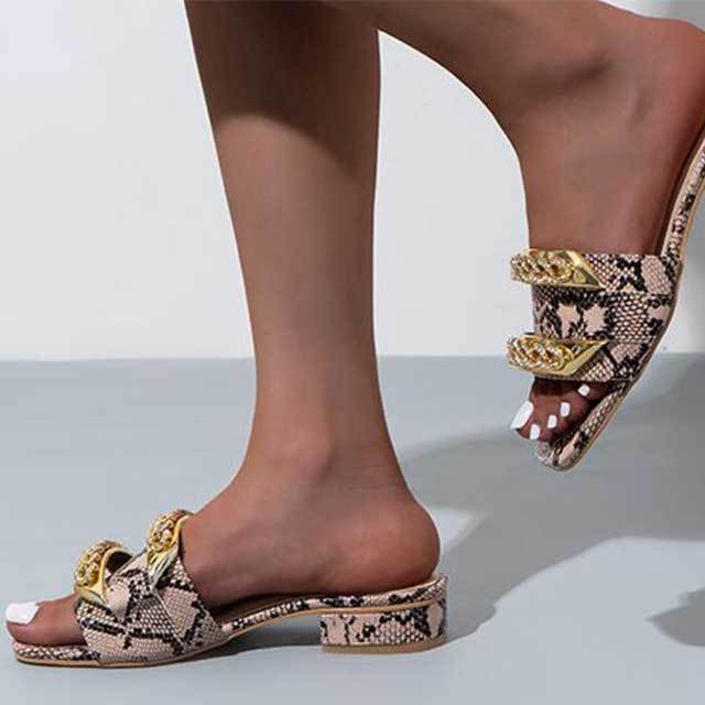 Snake Skin Printed Open Toe Thick Heels Slippers Sandals