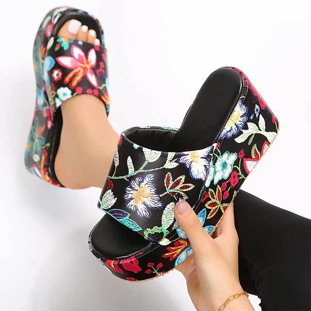 Floral Printed Open Toe Wedge Heels Sandals