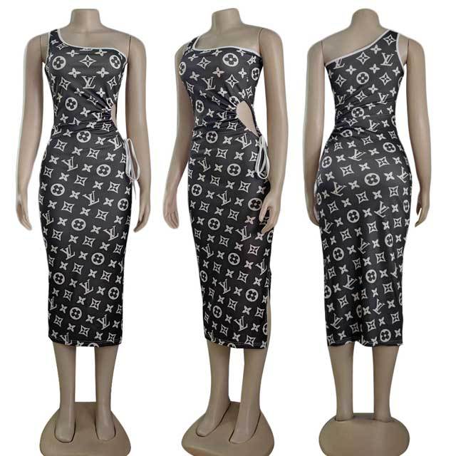 Printed Single Shoulder Slit Dress