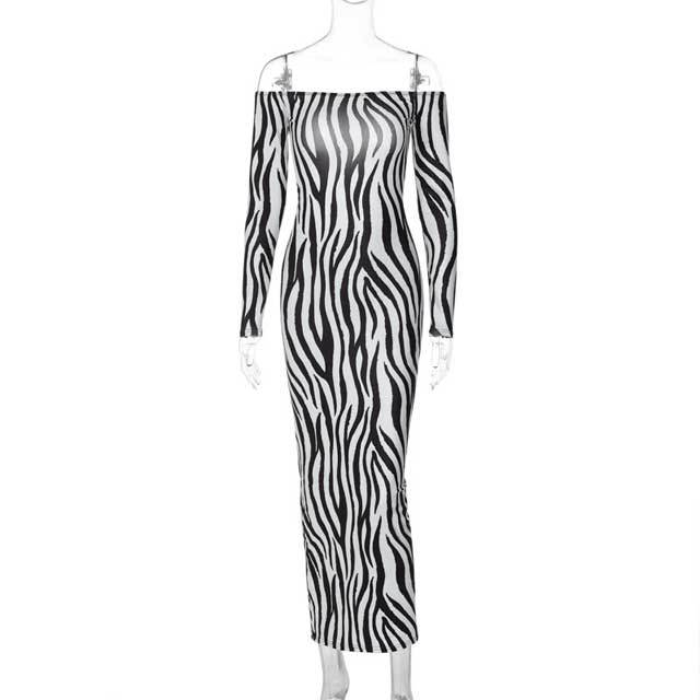 Zebra Print Off Shoulder Maxi Dress