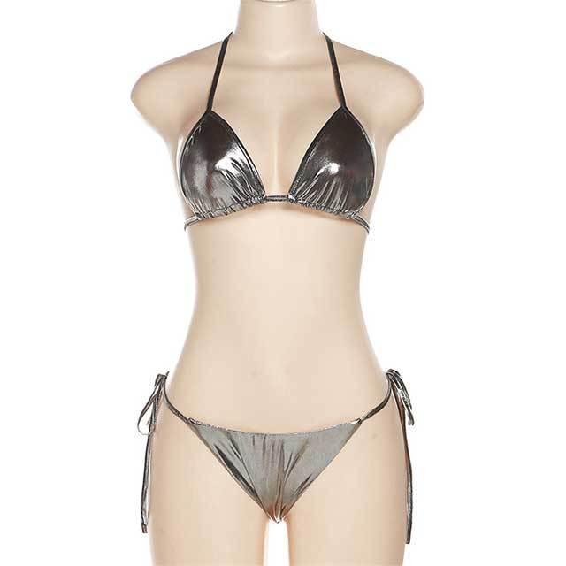 Solid Color Laced Up Reflective Bikinis Set
