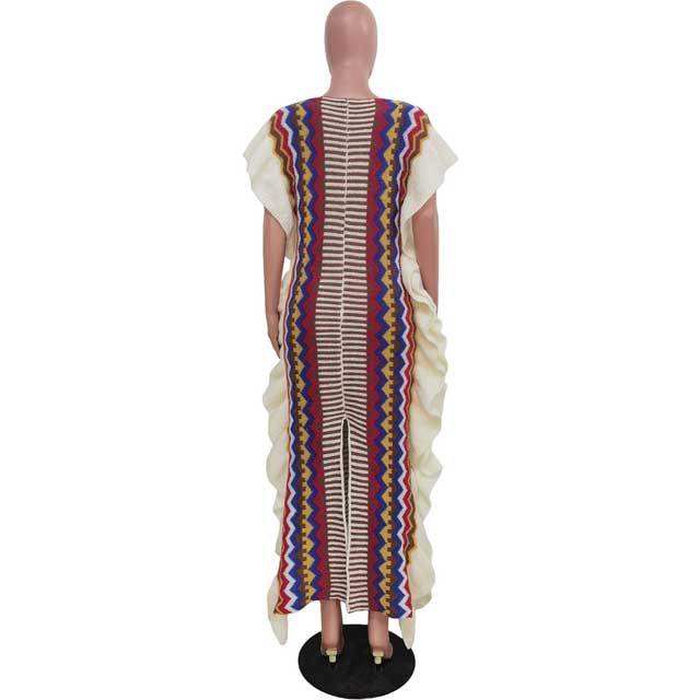 Knit Striped Ruffle Slit Maxi Dress