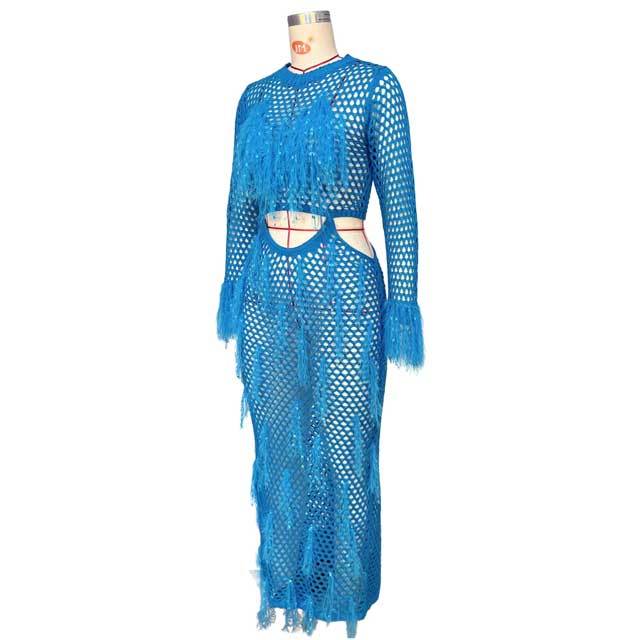 Crochet Hollow Out Tassel Maxi Dress