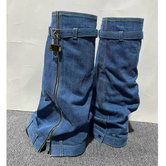 Shark Lock Denim Zipper Knee-high Boots