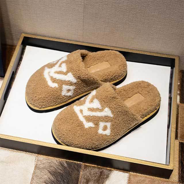 Brand Letters Furry Flat Slides Slippers