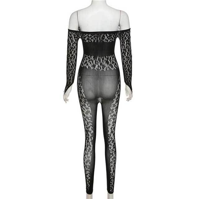 Long Sleeve Hollow Out See Through Tight Lingerie Jumpsuit