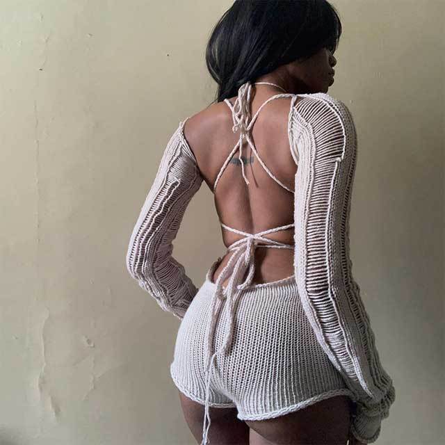 Knit Hollow Out Strappy Romper