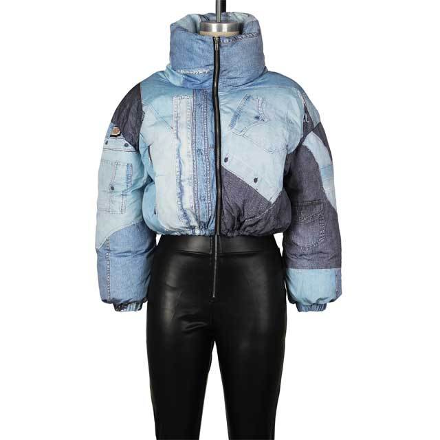 Denim Print High Neck Puffer Coat