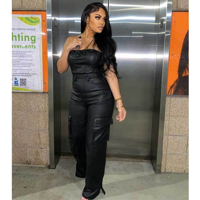 Leather Strapless Cargo Jumpsuit