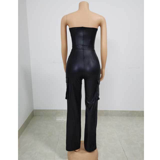 Leather Strapless Cargo Jumpsuit