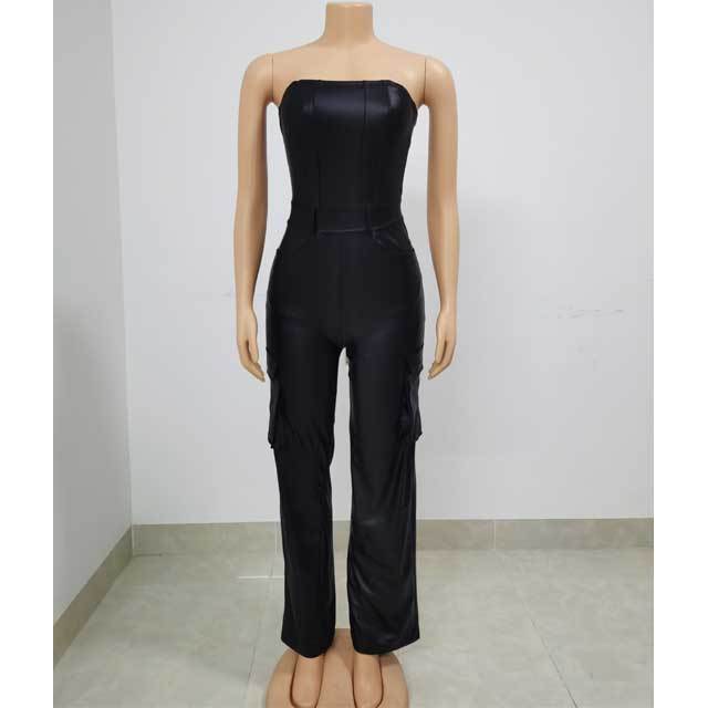 Leather Strapless Cargo Jumpsuit