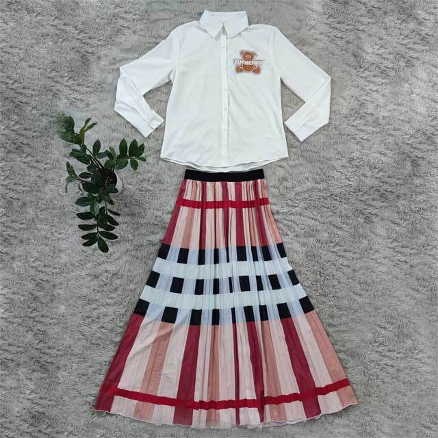 Rhinestones Shirt Top Plaid Pleated Skirt Set