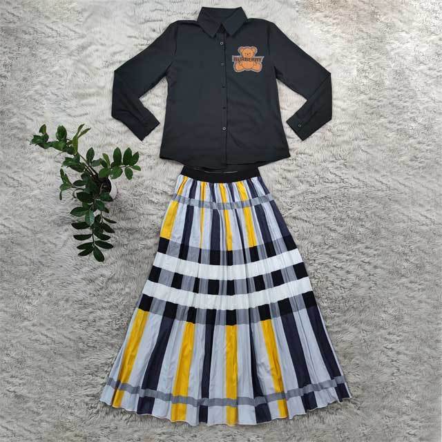 Rhinestones Shirt Top Plaid Pleated Skirt Set