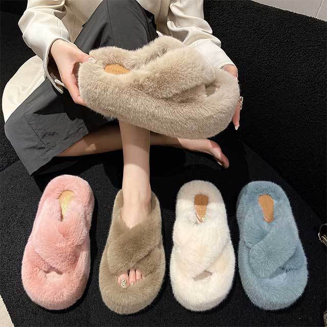 Open Toes Furry Platform Slides Shoes