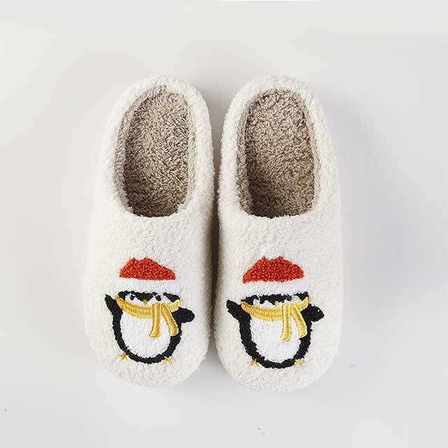 Christmas Penguin Pattern Winter Fuzzy Slides Shoes