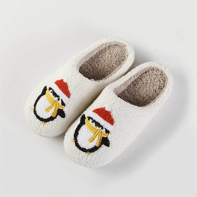 Christmas Penguin Pattern Winter Fuzzy Slides Shoes