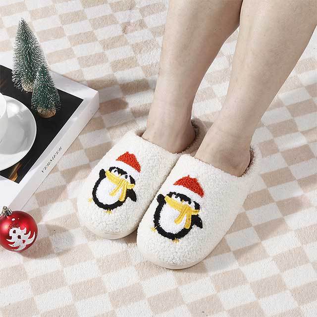 Christmas Penguin Pattern Winter Fuzzy Slides Shoes