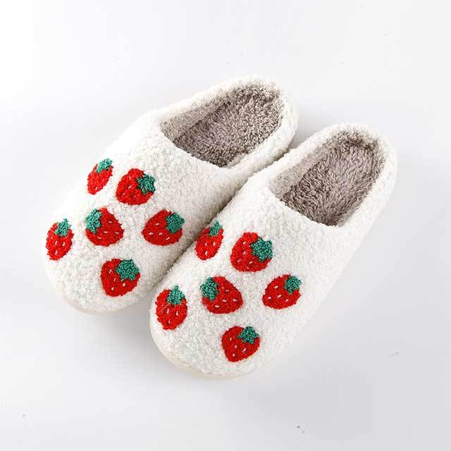 Strawberry Pattern Flat Fuzzy Slippers