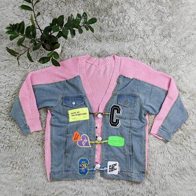 Denim Patchwork Sweater Cardigan Loose Lazy Style Knitted Jacket Top