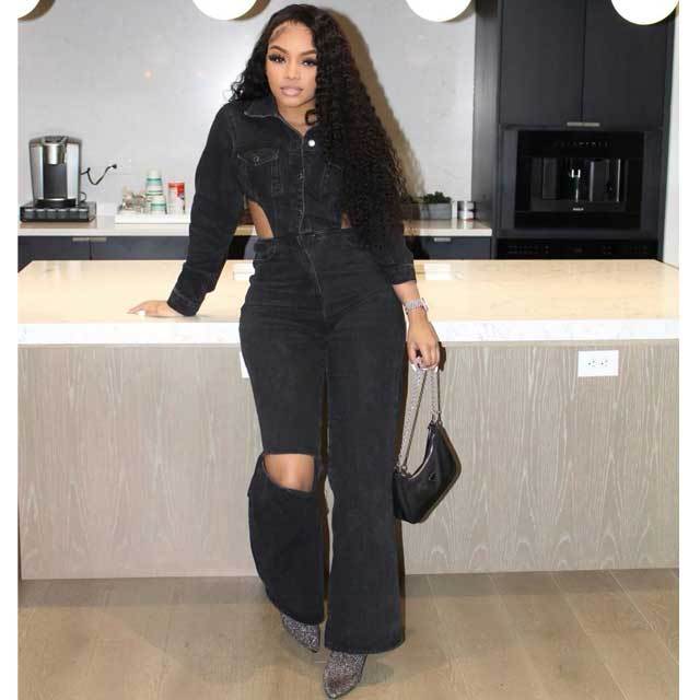 Denim Hollow Out Cargo Jumpsuit