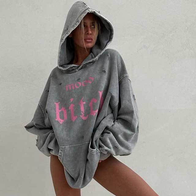 Distressed Washed Letter Print Hooded Sweatshirt