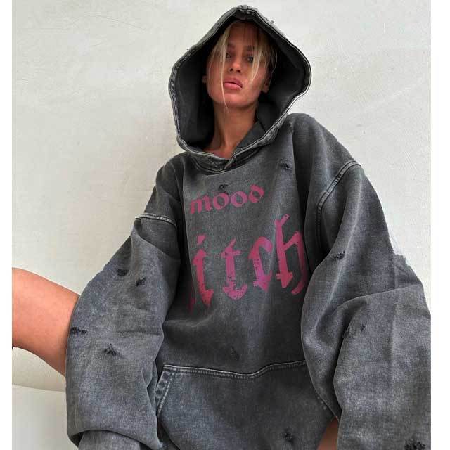 Distressed Washed Letter Print Hooded Sweatshirt