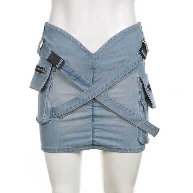 Buckle Strap Ruched Denim Cargo Skirt