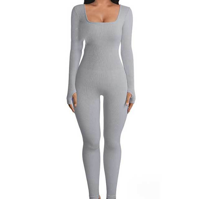 Solid Color Long Sleeve Ribbed Bodycon Jumpsuit