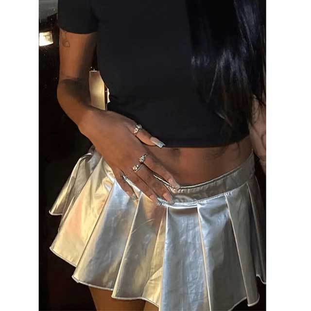 Shinny PU Leather Pleated Mini Skirt
