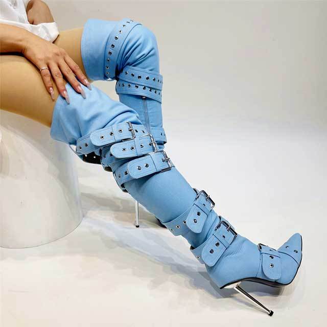 Buckle Strap Rivets Over Knee Boots