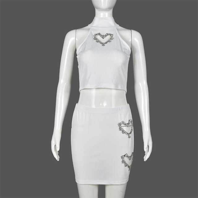 Rhinestone Heart Shaped Tight Skirt Set