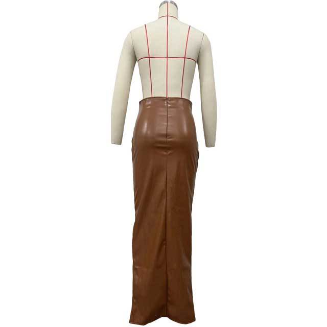 Fashion Leather High Waist Slit Skirt
