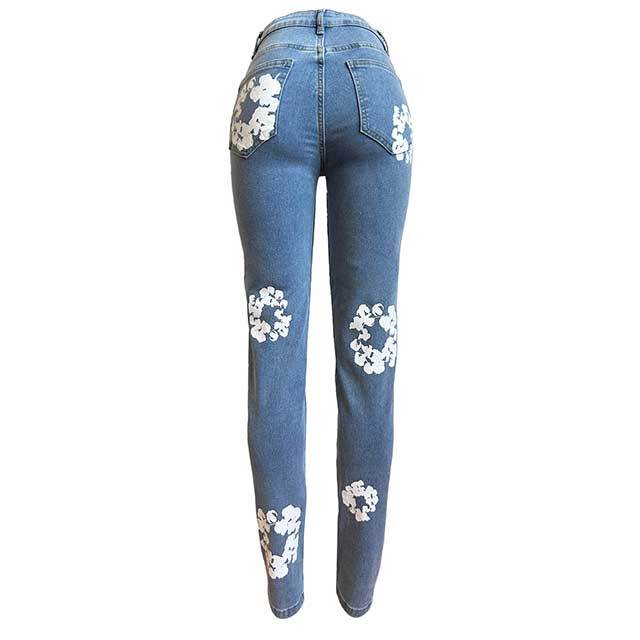 Floral Print High Waist Elastic Skinny Jeans