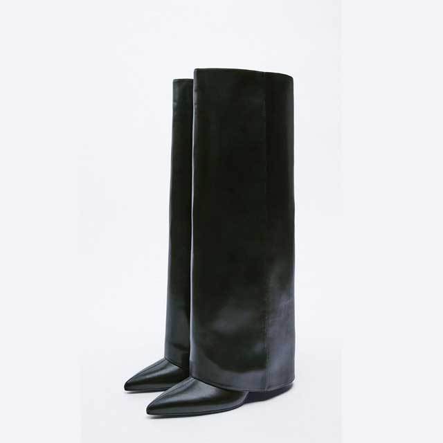 Pointed Toe High Heeled Leather Long Boots