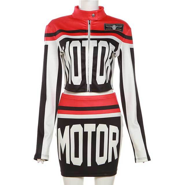 Printed Moto Jacket Top Skirt Set