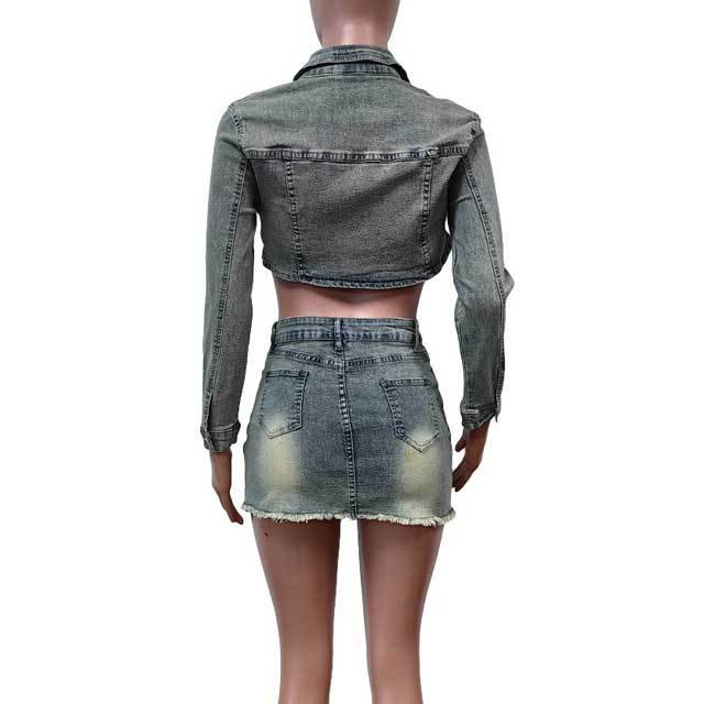 Denim Irregular Jacket Top Slit Skirt Set