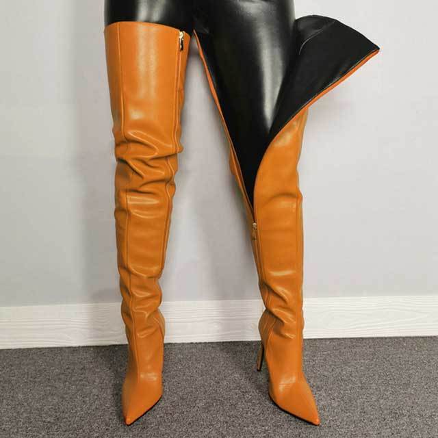 Pointed Toe Leather Zipper Over Knee Boots