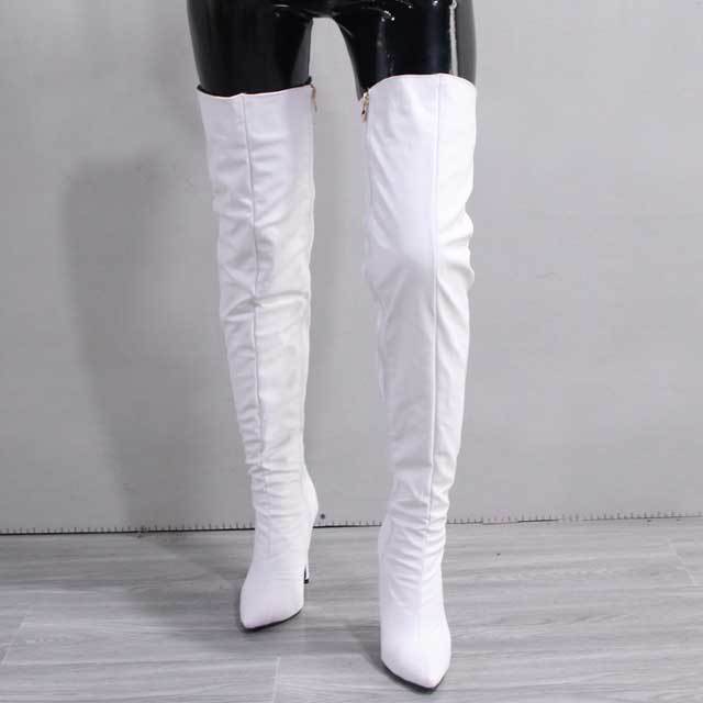 Pointed Toe Leather Zipper Over Knee Boots